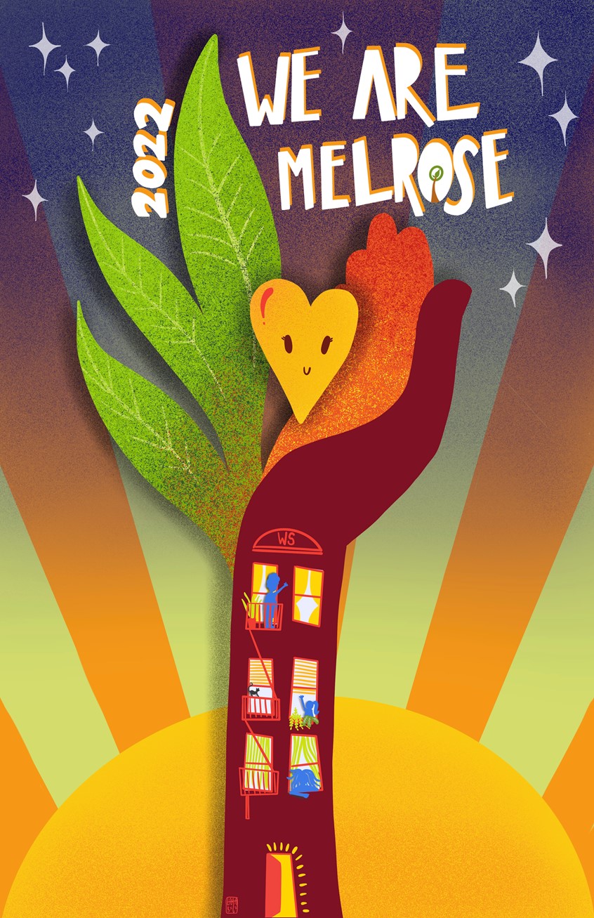 illustration of Image created for the annual street festival happening in the South Bronx. poster, heart, resiliency, healing, community, city, New York City, sun, sunrise, building, positive vibes, happy,