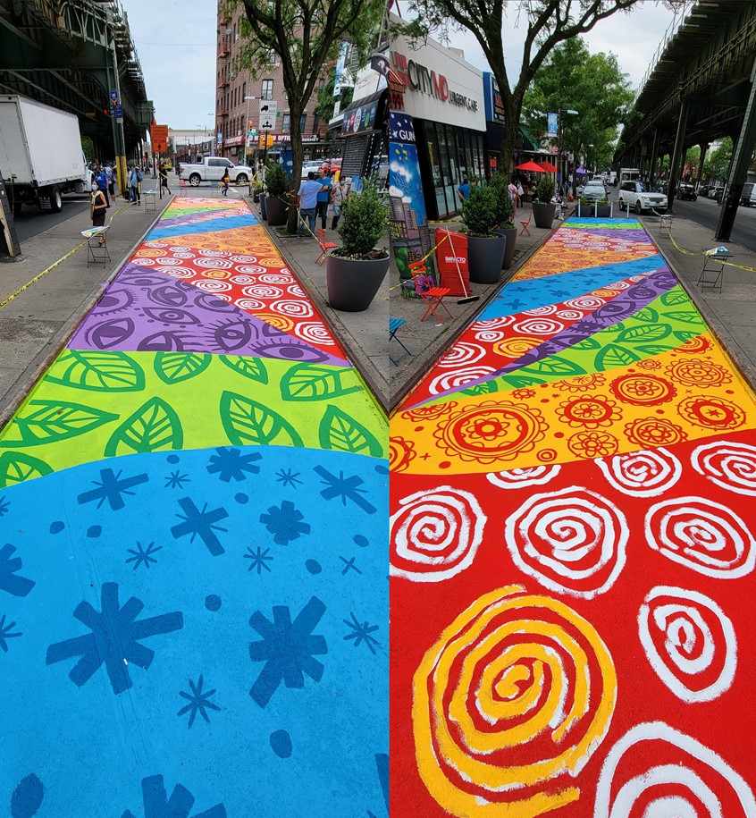 illustration of “Nature Quilt” is a patchwork of bright colored patterns that includes leaves, flowers, stars, and eyes representing the diversity of this community. It is designed to bring joy and happiness to the people and the events that take place here. It contrasts the dark asphalt around it, and at the same time, it mirrors Nature, looking at the park just across the street.
mural
bronx
New York
bronx
