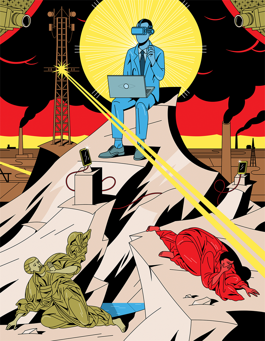 illustration of For a text about some people's fear of new technologies.
people, man, men, technology, fears, flat colour, bold colours, magazine art