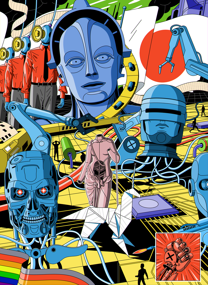 illustration of Artist: Oleg Buyevsky
Client: Esquire Russia
An editorial illustration for an articlet about how the fear of intelligent machines became one of the main plots of science fiction of the 20th century.