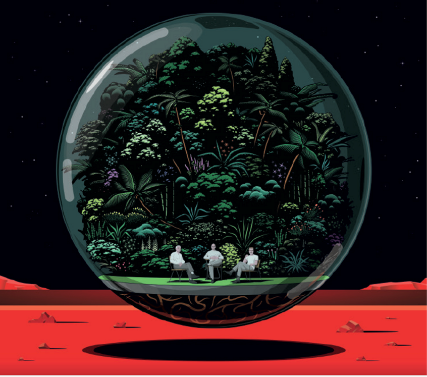 illustration of Artist: Oleg Buyevsky
Client: Suhrkamp
Book cover for:
Survival of the Richest
Why we are not even safe from tech billionaires on Mars.
Author: Douglas Rushkoff