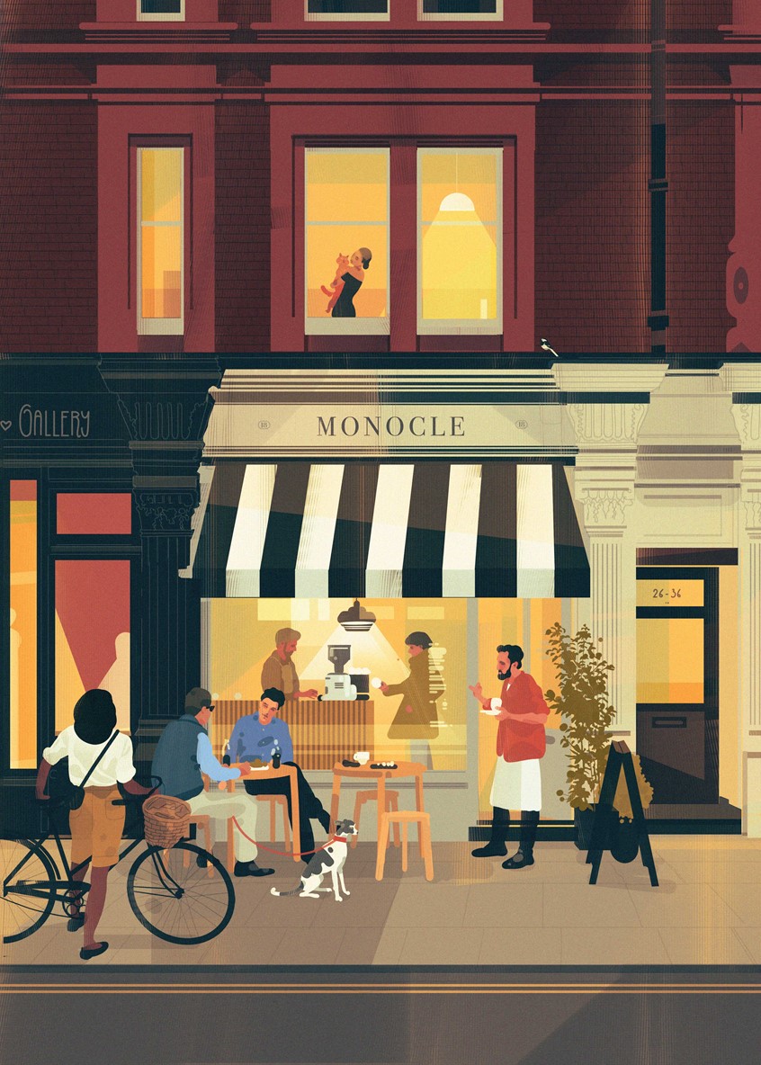 illustration of The Monocle Café on Chiltern Street, London. Delicious baked treats, tasty lunches and great coffee.
This little Marylebone café is a spin-off from Monocle magazine, the showcase of design consultant and publisher Tyler Brûlé.
This a personal project.
A bustling street scene depicts people engaged in various activities outside a cafe named MONOCLE. Patrons enjoy outdoor seating while a cyclist passes by and a dog attentively stands by the table.