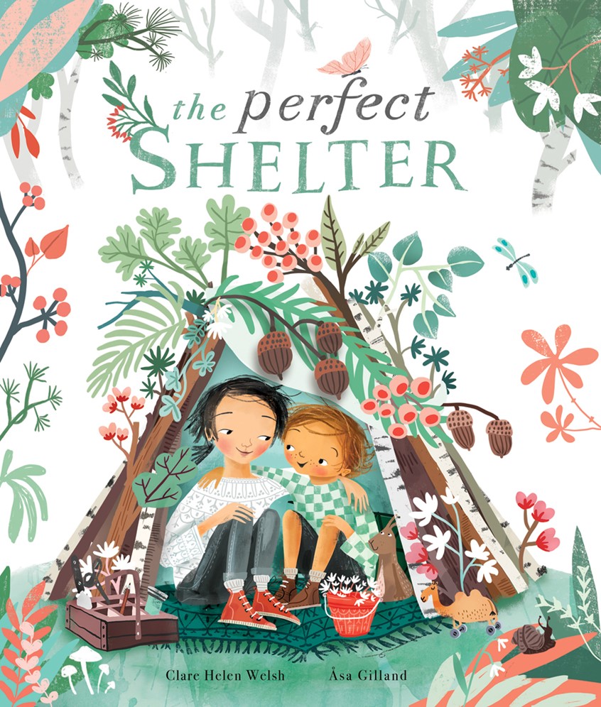 illustration of Two children are sitting together under a stick tent in a garden. Lush florals and leaves surround the tent. Acorns and berries adorn the tent. Sneakers, kids, playful, imagination, friends, pals, friendships, siblings.