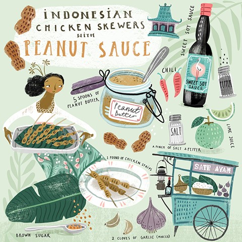 illustration of A fun and lively image of spots inspired by Indonesia and Peanut Sauce. Sweet sauce bottles, peanuts, chicken, a food card, garlic, chilis, limes and a female holding a tray of chicken skewers surround a jar of peanut sauce, lettering, bamboo leaves, food, regional cuisine,