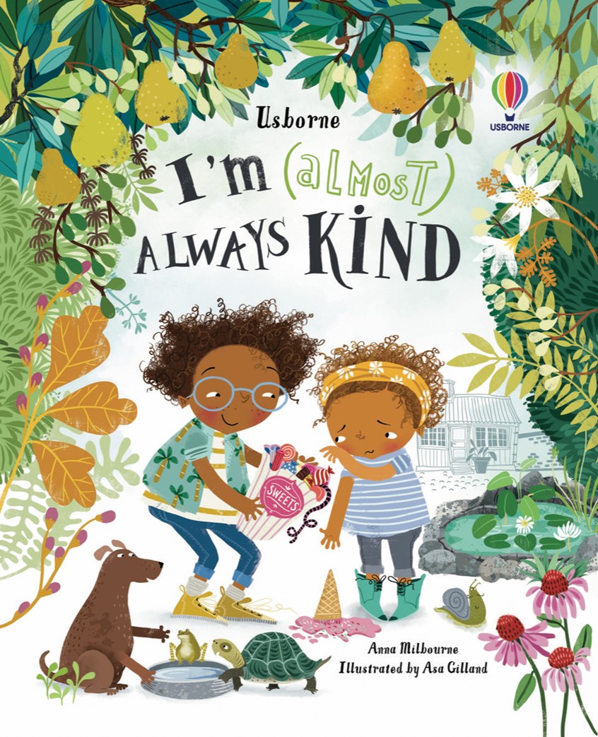 illustration of Engaging Book cover showing a boy handing girl some candy. Dog and turtle in foreground with frog pond. Cover borders by lush flora and fauna. Pears hang from a tree. A house is in the background.