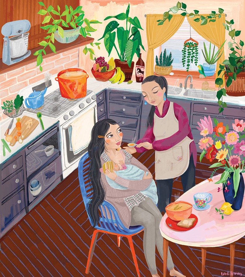 illustration of New Mom in kitchen, holding baby with a Doula helping her eat. Breast feeding, food, flowers, home, family, child, interior, perspective, appliances, window sill