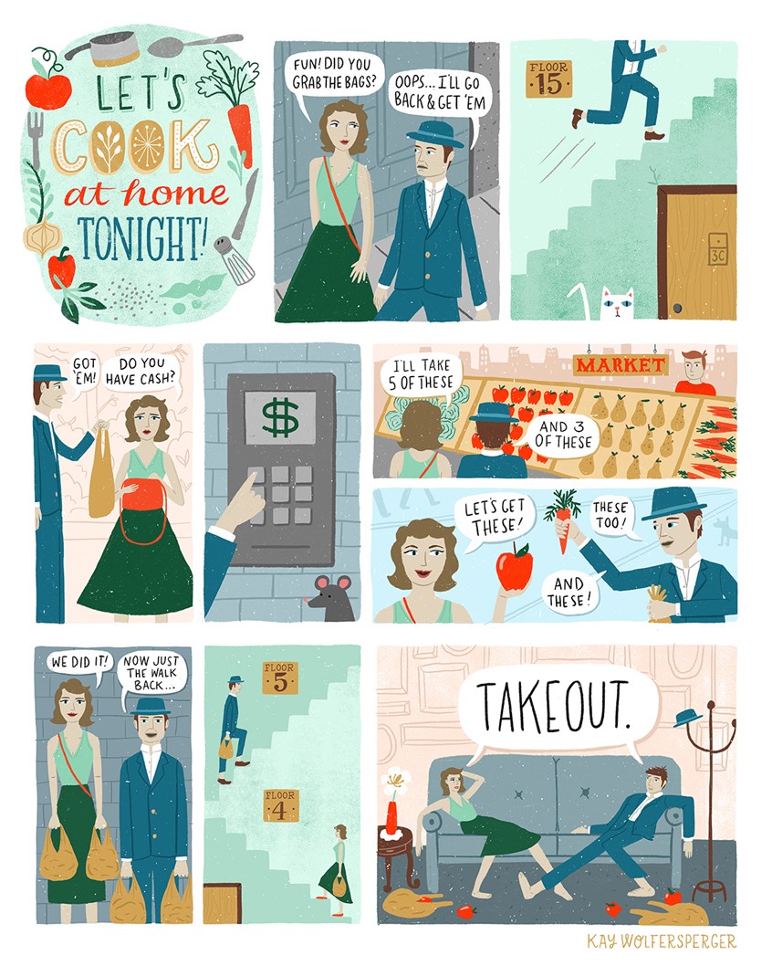 illustration of Graphic Novel illustration. Shows a couple trying to decide on what to cook for dinner, then deciding to get takeout. Food, dinner, cooking, culinary, ingredients, couple, home, apartment.