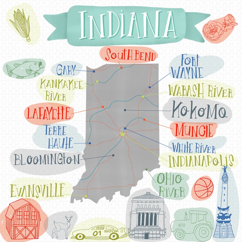illustration of Map of Indiana for Moda.
Mara completed maps of the 50 states, including placement graphics of each state bird, along with a collection of accompanying patterns.
Indiana, map, United States, landmarks, cities, towns, fabric, pattern