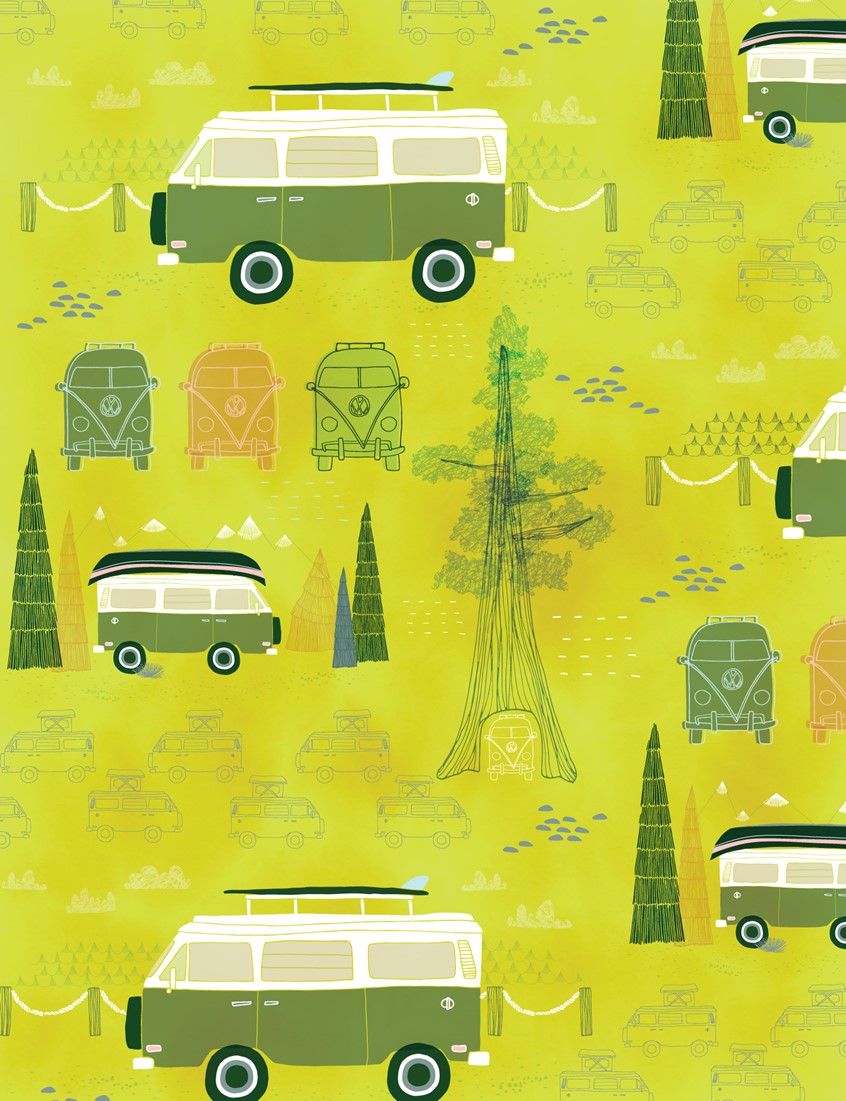 illustration of Pattern depicting Pacific states for Moda.
Mara completed maps of the 50 states, including placement graphics of each state bird, along with a collection of accompanying patterns.
United States, VW bus, camper, tree, sequoia, travel, road trip, Pacific, California, Oregon, Washington.