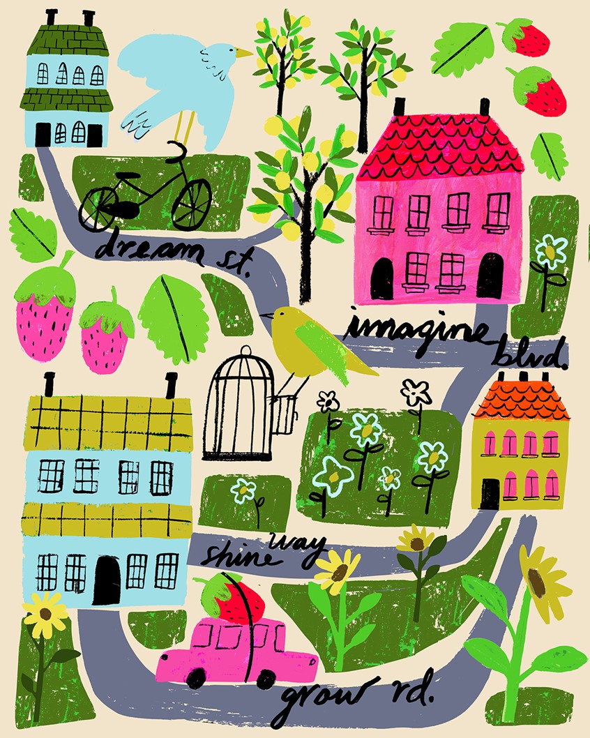 illustration of Charming neighborhood illustration -- Dream St, Imagine Blvd, Shine Way, Grow Rd. Perfect for a journal cover, greeting card, or ad campaign!
Houses, buildings, neighborhood, streets, avenue, bicycle, flowers, strawberry, bird, whimsica