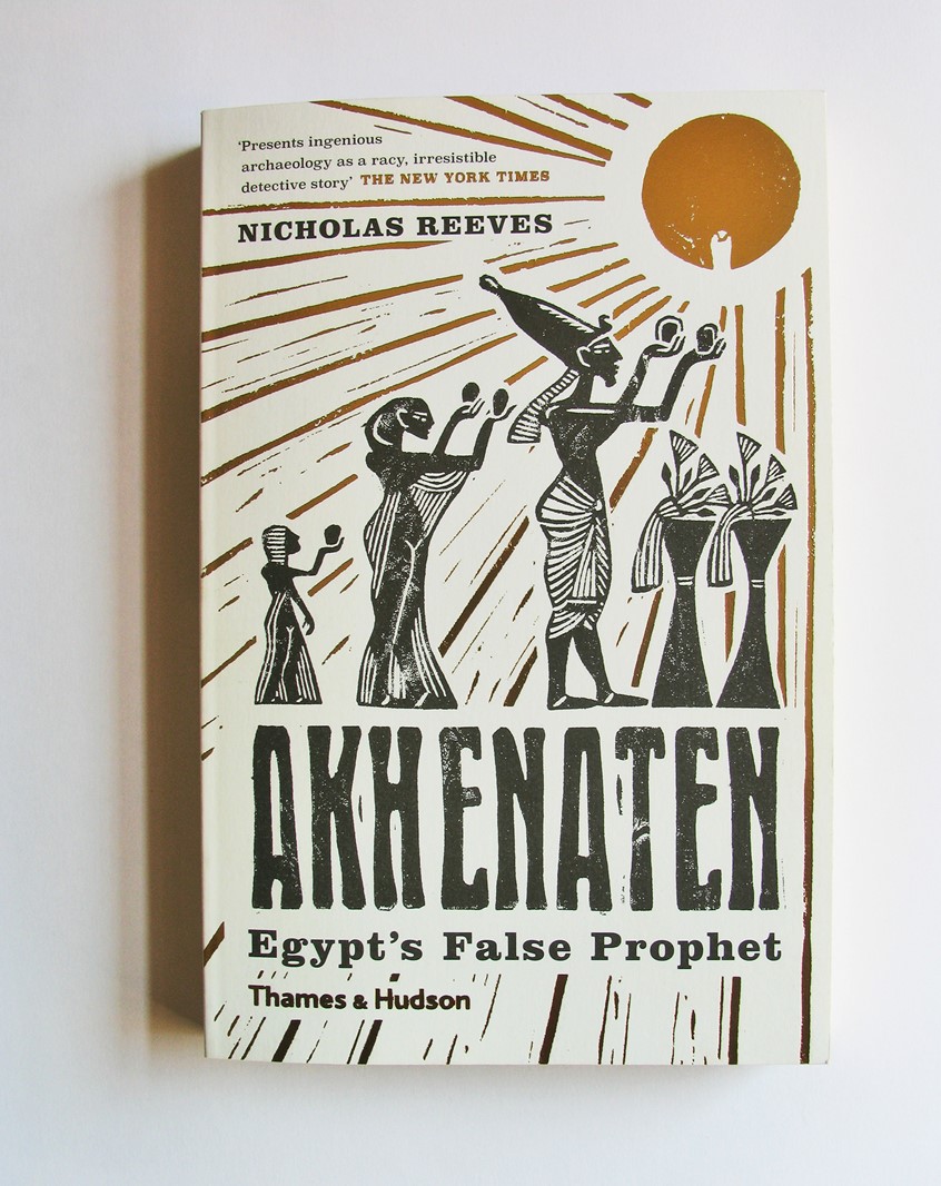 illustration of Book cover illustration and title lettering, inspired by Egyptian hieroglyphics and stone carvings, for Akhenaten: Egypt's False Prophet by Nicholas Reeves and published by Thames & Hudson. Historical, biography, linocut, traditional, black and white, book jacket.