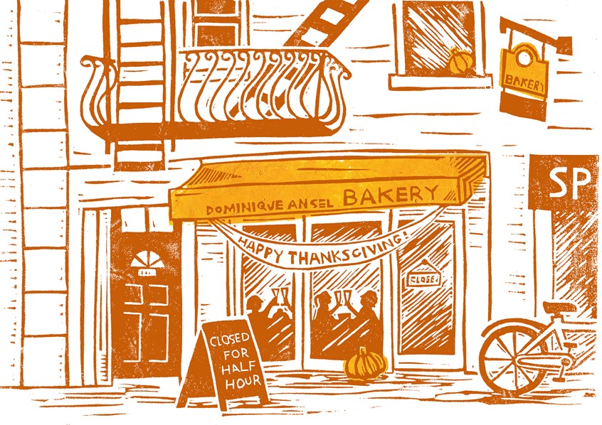illustration of Editorial illustration of New York's Bakery at Thanksgiving, for a Waitrose Food article by Dominique Ansel about his favourite pumpkin pie recipe and how the restaurant/cafe/bakery functions on this very American holiday. Food illustration, autumn, linocut, lino print,