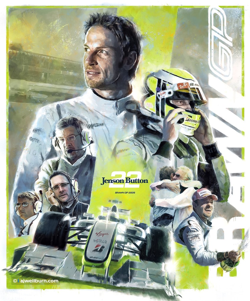 illustration of Poster, editorial illustration celebrating speed and racing in F1. Formula 1 2009 world champions Brawn GP create automotive history winning both drivers and constructors championships in one of the motorsports most dramatic upsets. Helmet, Sport, Competition, fast, speed, race, painting, collage.