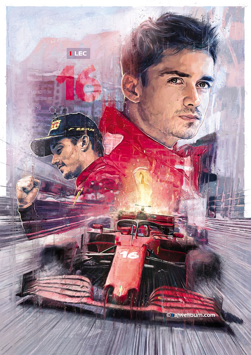 illustration of Poster, editorial illustration celebrating speed and Ferrari racing in F1. Formula 1 Racing driver Charles Leclerc drives his number 16 Ferrari Scuderia around the Monaco GP. Graphic, Sport, Competition, fast, speed, race, painting, collage, transportation, automotive, poster, formula 1, F1, cars, poster art, racing.