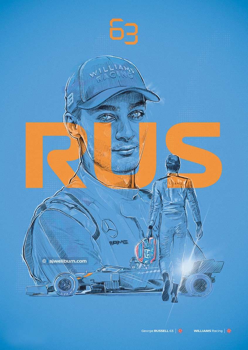 illustration of Poster, editorial illustration celebrating speed and Williams racing in F1. Formula 1 Racing driver George Russell walks to his racing car. Graphic, Sport, Competition, fast, speed, race, drawing, transportation, automotive, poster, formula 1, F1, cars, poster art, racing.