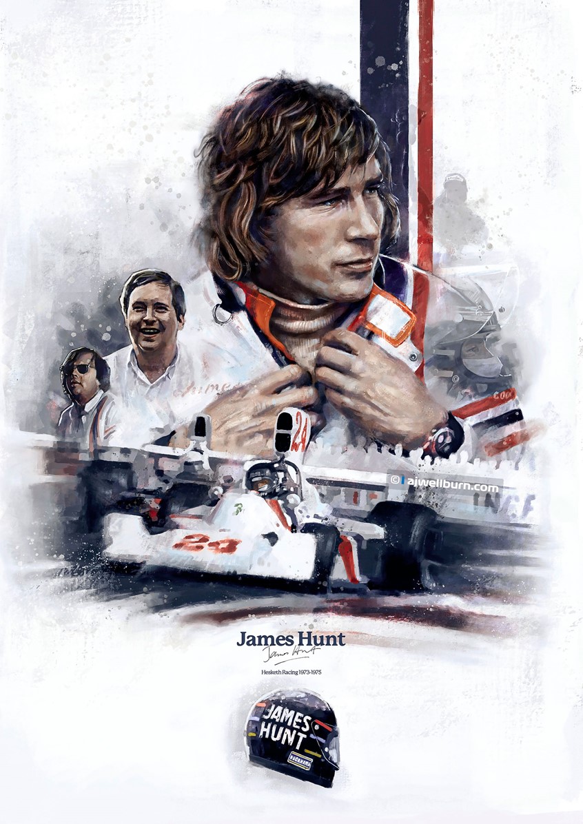 illustration of Poster, editorial illustration celebrating speed and historic racing in F1. Formula 1 Racing driver James Hunt drives his Hesketh around the track. Graphic, Sport, Competition, fast, speed, race, painting, collage, transportation, automotive, poster, formula 1, F1, cars, poster art, racing.
