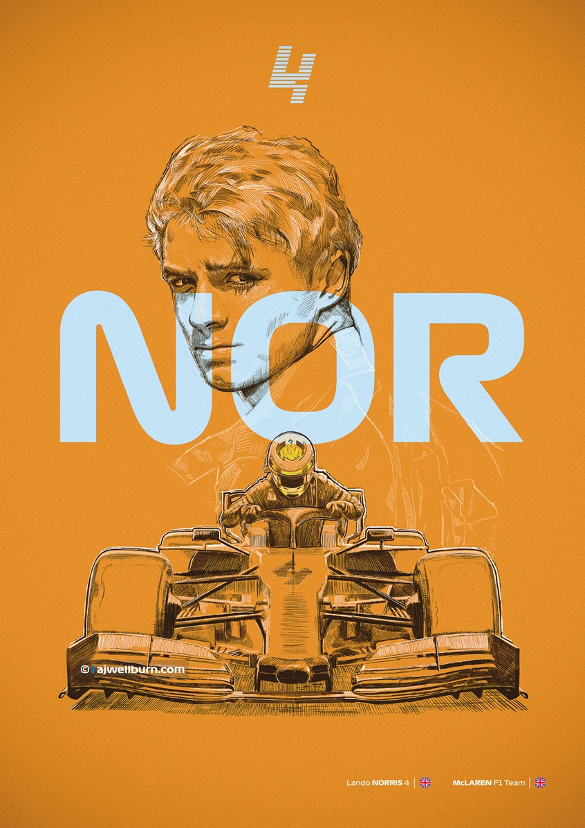 illustration of Poster, graphic editorial illustration celebrating speed and McLaren Racing in F1. Formula 1 Racing driver Lando Norris climbing out of his number 4 McLaren. Graphic, Sport, Competition, fast, speed, race, painting, collage, transportation, automotive, poster, formula 1, F1, cars, poster art, racing.