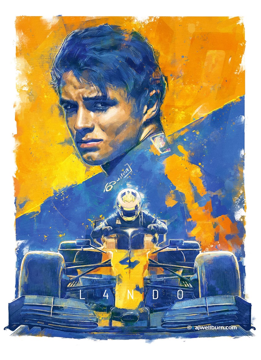 illustration of Poster, editorial illustration celebrating speed and McLaren Racing in F1. Formula 1 Racing driver Lando Norris climbing out of his number 4 McLaren. Graphic, Sport, Competition, fast, speed, race, painting, collage, transportation, automotive, poster, formula 1, F1, cars, poster art, racing.