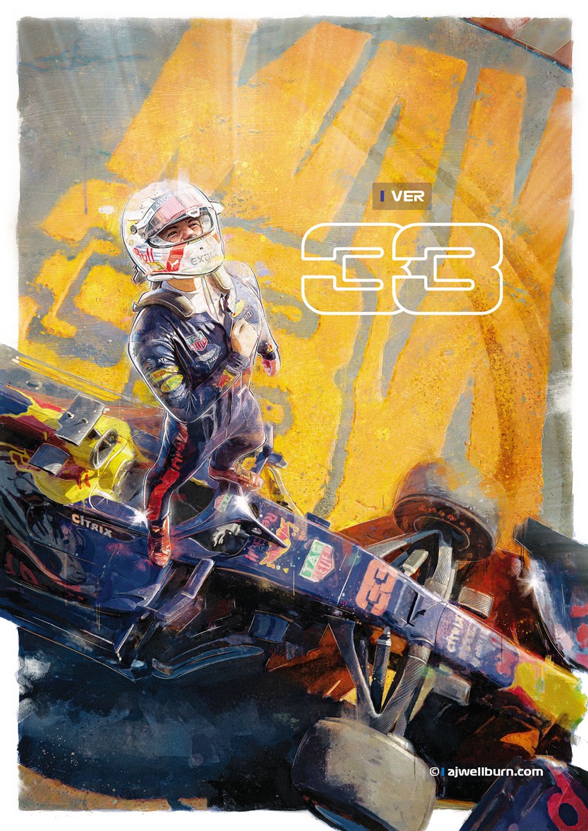 illustration of Poster, editorial illustration celebrating speed and Red Bull Racing in F1. Formula 1 Racing driver Max Verstappen stands in triumph on his number 33 Red Bull. Graphic, Sport, Competition, fast, speed, race, painting, collage, transportation, automotive, poster, formula 1, F1, cars, poster art, racing.