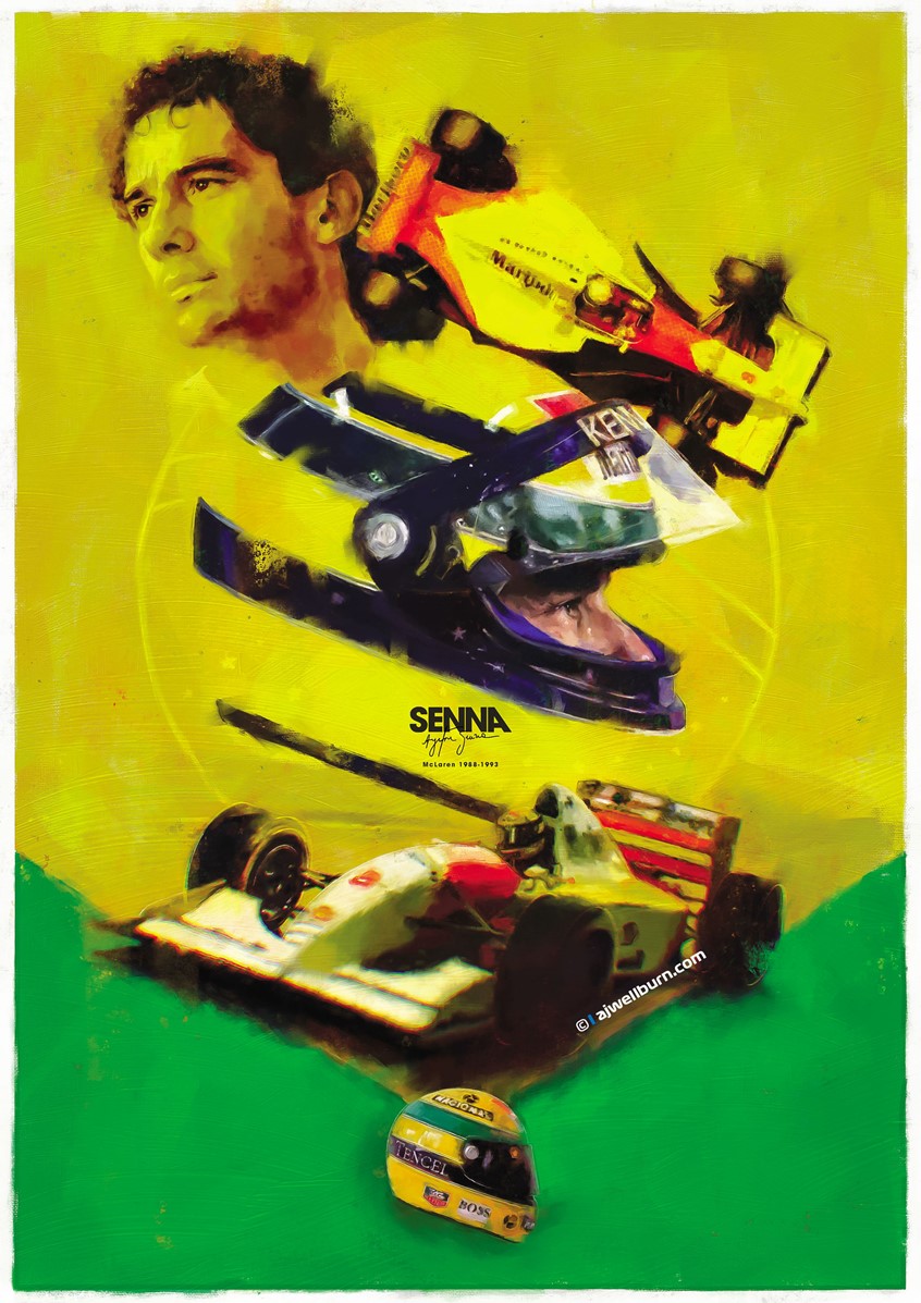 illustration of Poster, graphic editorial illustration celebrating speed and McLaren Racing in F1. Formula 1 Racing driver Ayrton Senna and his time with the McLaren F1 team. Graphic, Sport, Competition, fast, speed, race, painting, collage, transportation, automotive, poster, formula 1, F1, cars, poster art, racing.