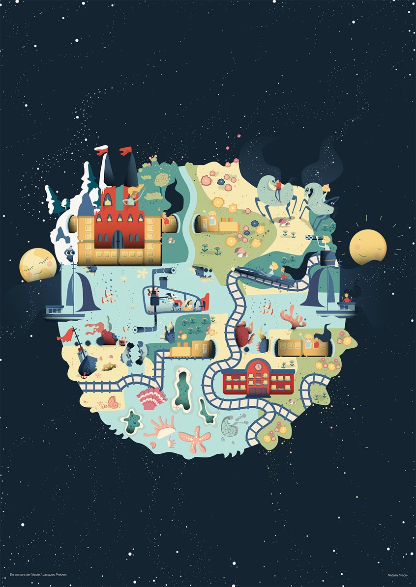 illustration of The brief was to illustrate the song En Sortant De L'école written by Jacques Prévert. The story is about a wild journey around the Earth on a golden train where two youngsters have adventures in a pretty surreal and fantasy world.
For more details about the project, please visit: https://nataliamaca.com/En-Sortant-De-L-ecole
illustrated map, travel art, storytelling, children's map, children illustration,