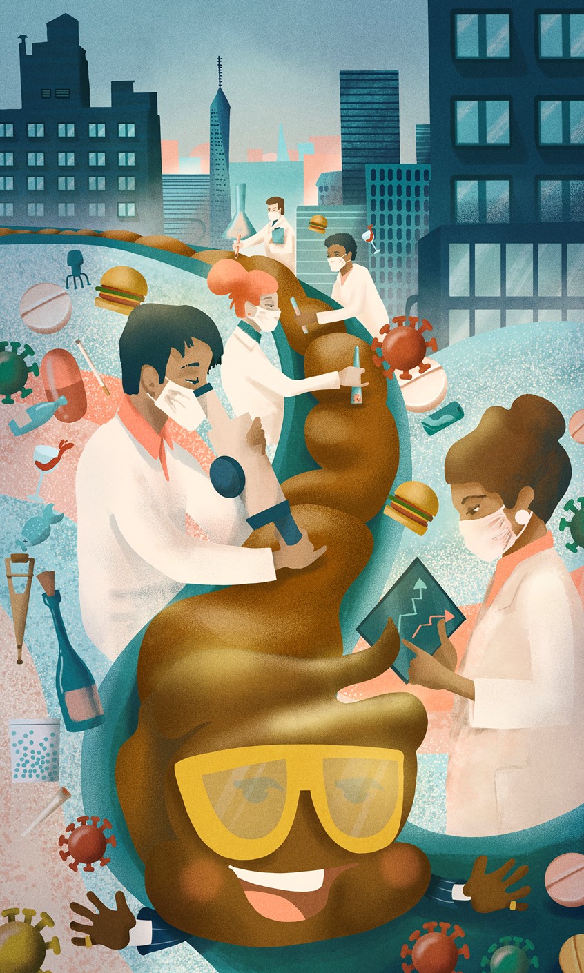 illustration of Illustration for Sanitary Environmental Engineering Division (SEED) article on wastewater. Wastewater is not just a waste stream but is considered as a rich resource of valuable compounds such as water, nutrients, fuels, energy, and strategic data.
It was essential to show in the illustration that the pipe comes from a city, and the data that scientists can detect from the wastewater (poop) describe the lifestyle of the city's community.