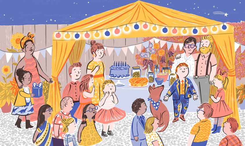 illustration of Interior spread from The Spectacular Suit, published by Scribble, 2021.
Children, party, families, scene, kids, picture books, character design, limited palette
