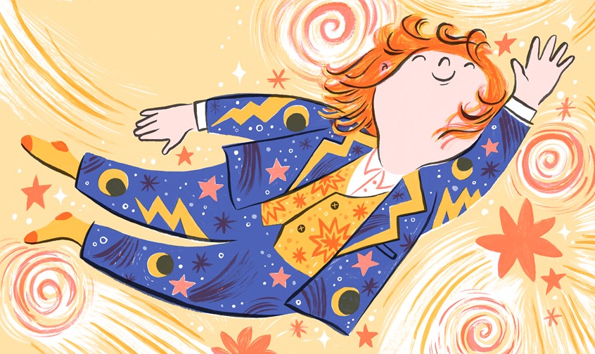 illustration of Interior spread from The Spectacular Suit, published by Scribble, 2021.
Children, party, families, scene, kids, picture books, character design, limited palette. LGBTQ