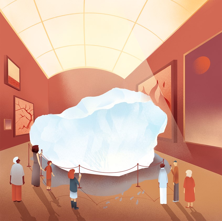 illustration of An editorial piece, for an article by Adi Wolfson and Vered Tohar about the irole of art in the global climate crisis. climate change. climate crisis. editorial. art. Louvre. ice. melting ice. museums. exhibitions. global warming. Sharon Spitz.