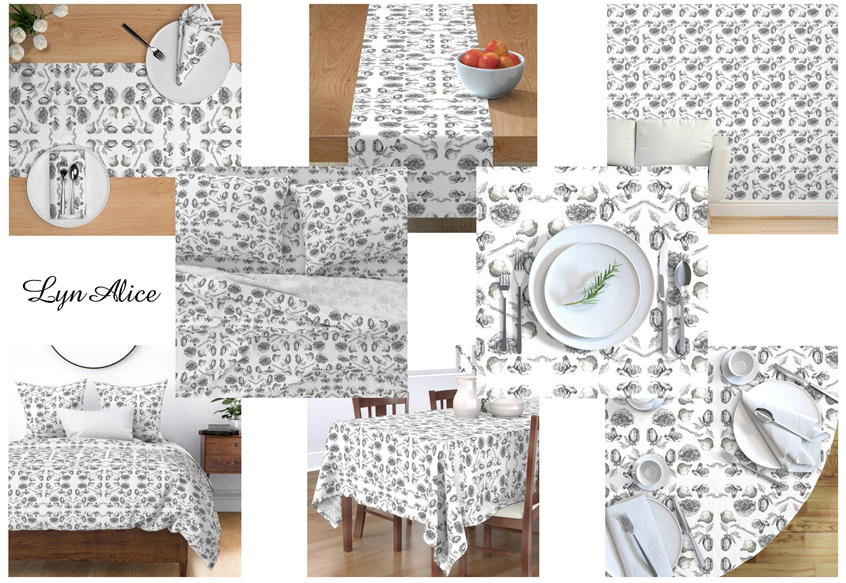 illustration of Veggie Lovers! Ingredients for a lovely room. Originally illustrated in Quill & Ink for catalogue illustrations, these beauties look wonderful on any fabric! Arranged in a decorative repeat creates a wonderfully intricate pattern. Garden ingredients makes for good food and good patterns. #interiordesign #fashion #design #homedecor #luxury #kitchen #decor #homedesign #style #food #garden #food #healthyliving #healthylifestyle #lynalice