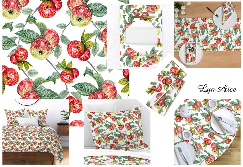 illustration of An Apple a Day! C:
British Apple Varieties Textile Pattern ~ Watercolor & Photoshop, Original apples created for Archant Dialogue's Countryside Magazine, UK #illustration #graphicdesign #print #painting #contemporaryart #textile #fashion #design #lynalice #apples