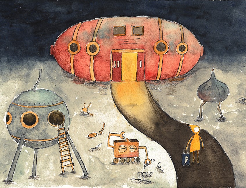 illustration of She came to a new world, wondering where she's going to.
space landscape watercolour painting reportage illustration creature fantasy world people robots mechanical spaceship