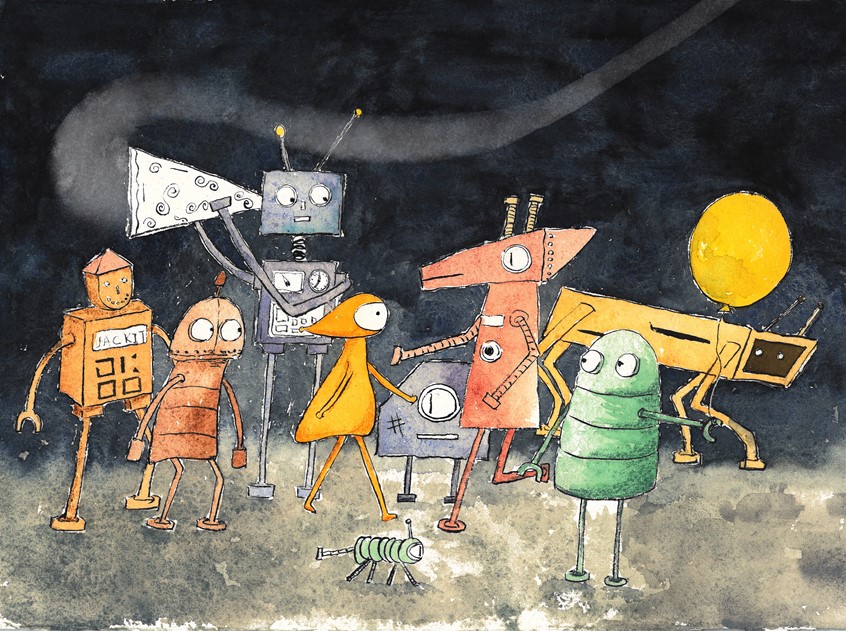 illustration of She kept walking, couldn't find anyone familiar with.
space landscape watercolour painting reportage illustration creature fantasy world people robots mechanical