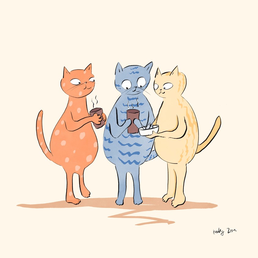 illustration of Three cats having coffee and chat outside in a cosy afternoon.
team teamwork afternoon afternoon-tea tea coffee enjoy happy pleasure friendly cat friend harmony