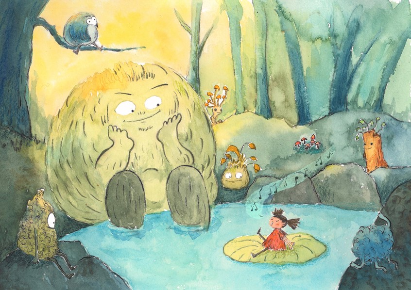 illustration of A children's book illustration demonstrating a peaceful concert in the forest.
Peace, monster, fantasy, fey wild, fairy tale, cute, beautiful, relationship, child, little girl, relax.