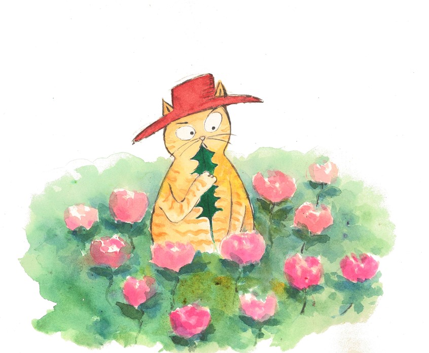 illustration of An illustration for a children's book.
A gardener cat finding a weed in his garden.
humour, cat, suspicious, angry, perfect, perfection, flowers, weed, rose, garden, emotion, flaw, green, nature, sunny.
