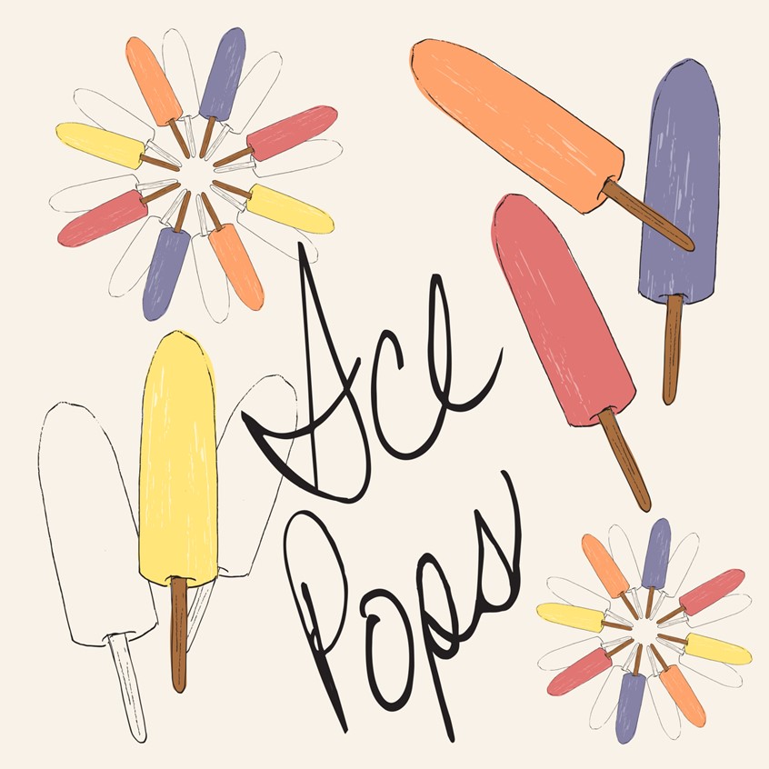 illustration of Summer ice pops - popsicles in cherry red, grape purple, orange and banana or lemon yellow. Summer frozen treats. Single pops in windmill design. Food illustration hand drawn pen and ink with lettering Ice Pops. Finished with digital color. Cute for cafe, home signs, cooks, kitchen, gifts, stationary, birthday and planners, products, licensing. Cute for cafe, home signs, cooks, kitchen, gifts, stationary, birthday and planners, products, licensing.
