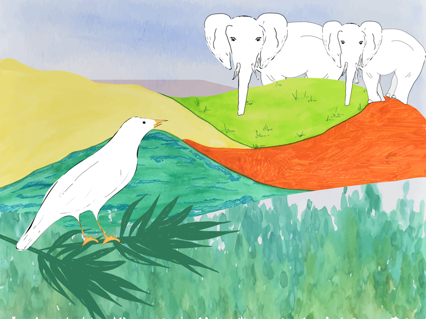 illustration of Little Bird perched on leaves views elephants on the African continent. Bright pastels. Hand drawn pen and ink bird and elephants digitally colored. Watercolor background. Wildlife Landscape illustration. Products, journals, licensing, coloring books, gifts, stationary, notebooks, children's products, planner pages, surface design.