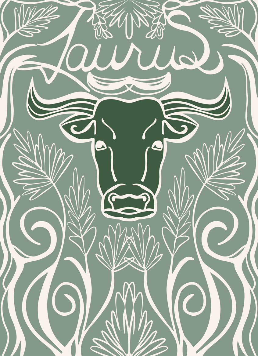 illustration of Taurus Zodiac Bull symbol in sign colors earthy green. Second zodiac house. Ivory white mirror pattern. Hand lettering Taurus word. Whimsical, bright pastel, zodiac animal illustration hand drawn digital vector. Flat lay for wall art, beverage labels, stickers, meditation cards, licensing, lifestyle, packaging, publishing, coloring books, gifts, stationary, notebooks, planner pages. Tina Evans SmackinArt, female illustrator