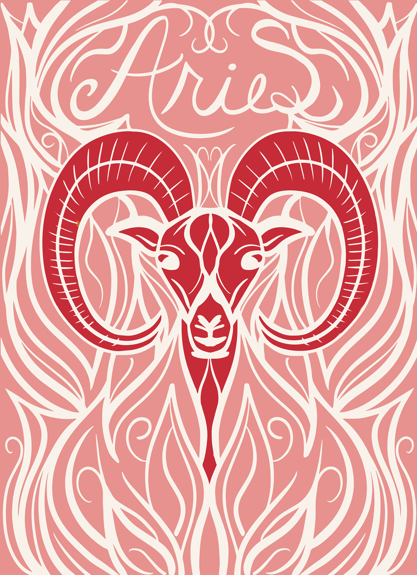 illustration of Aries Zodiac ram symbol in sign colors red. First zodiac house. Ivory white mirror pattern. Hand lettering Aries word. Whimsical, bright pastel, zodiac animal illustration hand drawn digital vector. Flat lay for wall art, beverage labels, stickers, meditation cards, licensing, lifestyle, packaging, publishing, coloring books, gifts, stationary, notebooks, planner pages. Tina Evans SmackinArt, female illustrator