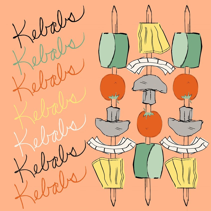 illustration of Mushrooms, zucchinis, cherry tomatoes, onions, pineapples on skewers. Vegetable kebabs. Bright pastel orange background, Food illustration hand drawn pen and ink with lettering Kebabs over and over. Finished with digital color. Cute kitchen, wall, cafe art, children's books, paper products, products, stickers, licensing, lifestyle, packaging, publishing, coloring books, gifts, stationary, notebooks, planner pages, surface design.