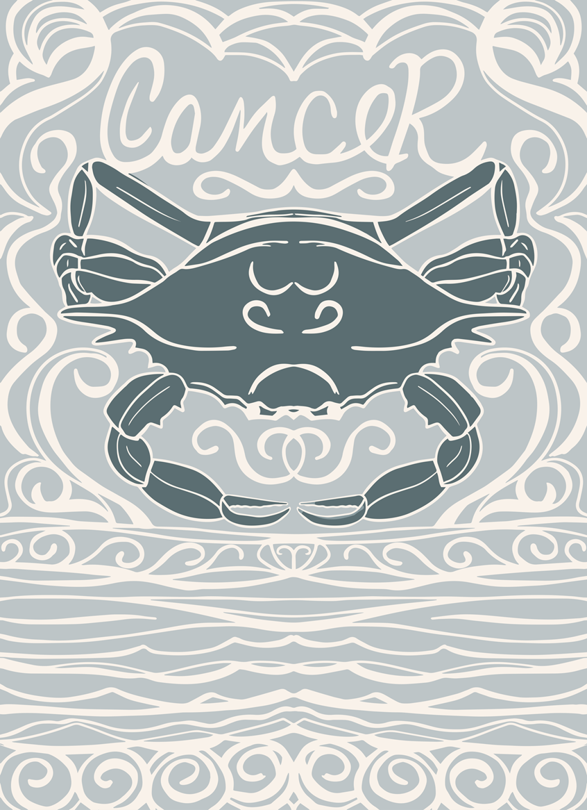 illustration of Cancer Zodiac Crab symbol in sign colors blue gray. Fourth zodiac house. Ivory white mirror pattern. Hand lettering Cancer word. Whimsical, bright pastel, hand drawn digital vector illustration. Flat lay for wall art, beverage labels, stickers, meditation cards, licensing, lifestyle, packaging, publishing, coloring books, gifts, stationary, notebooks, planner pages. Tina Evans SmackinArt, female illustrator