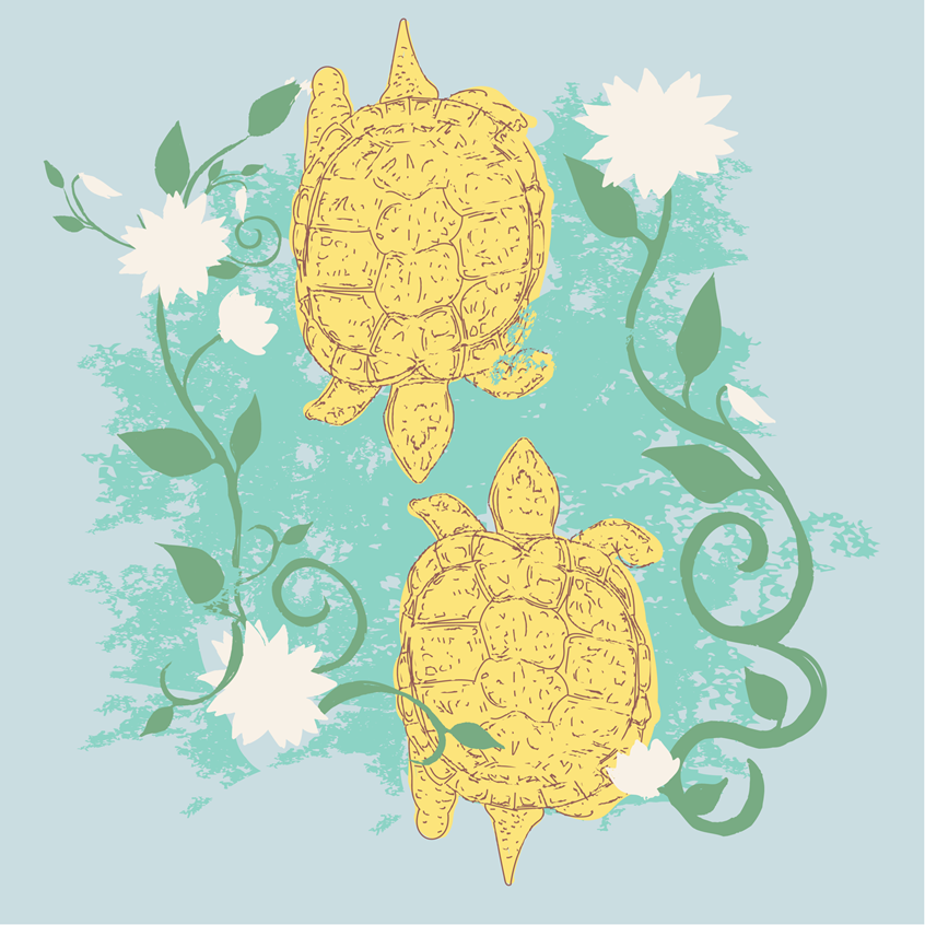 illustration of Two yellow turtles playing in Bleu Creek surrounded by vines and white flowers on a light blue background. Nature illustration hand drawn pen and ink finished in digital color. Flat lay art, product, stickers, licensing, children's products, lifestyle, packaging, publishing, coloring books, gifts, stationary, notebooks, planner pages.
