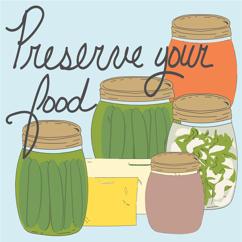 illustration of Jars of Pickles, Sauerkraut, tomato sauce, and brown gravy in bright pastels. Hand lettering words Preserve Your Food. Whimsical, food and sustainability illustration hand drawn pen and ink finished in digital color. Flat lay art for product, stickers, home and garden, licensing, lifestyle, packaging, publishing, coloring books, gifts, stationary, notebooks, planner pages.