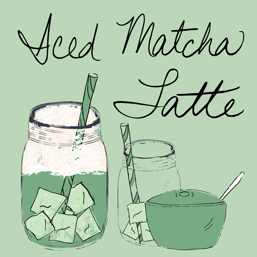 illustration of Summer frothy, foamy, iced matcha latte drink, green matcha tea bowl, and empty jar. Soft bright pastels, sage, mint green. Food Beverage illustration hand drawn pen and ink with lettering Iced Matcha Latte finished with digital color. Flat lay vector art, home and garden, lifestyle, packaging, planner pages, products, stickers, publishing, coloring books, gifts, stationary, notebooks. Tina Evans SmackinArt, female illustrator.