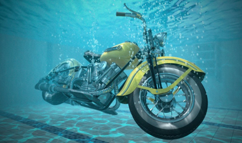 illustration of F/C illustration of motorcycle in the pool, digital image, photoshop image, realism, realistic images, labels, automotive images, 3D imaging, car images, cutaway images, architecture, technical images, science, scientific images, vector images, product images, airplanes, motor engines, cutaway of cars, cutaway of engines, corporate, book covers, magazines.