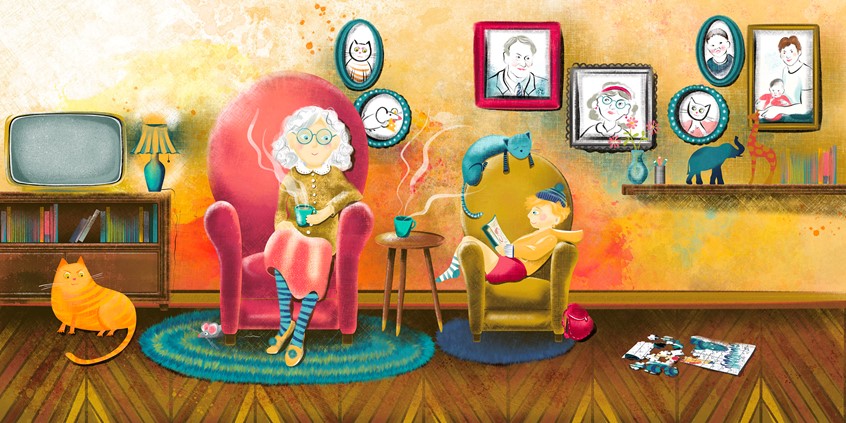 illustration of Double spread from our children's book called Glumbags with UK author Charlotte Tarrant, granny and child, cats, living room, home