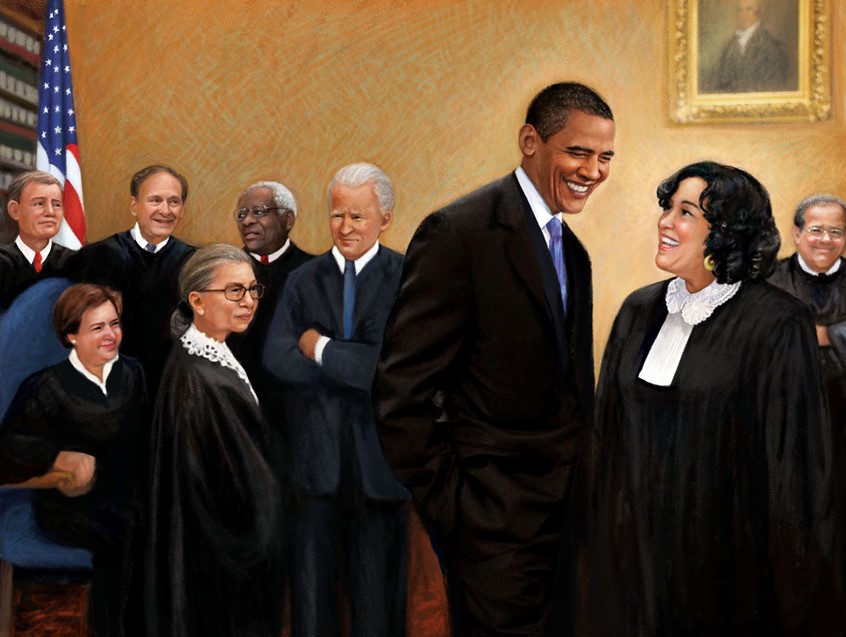 illustration of From book Justice Is, Sandra Sotomayor's confirmation to the supreme court, Obama, Joe Biden, Ruth Bader Ginsburg, Samuel Alito, Clarence Thomas, Elena Kagan. Historical, Government