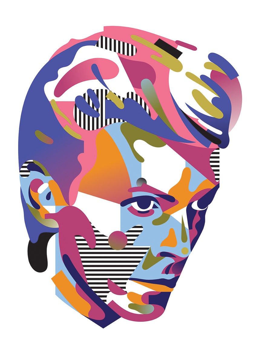 illustration of David Bowie, rock and roll, 70s, vintage, retro, music, rock, pop, artist, actor, celebrity, branding, advertising, fame, famous, icon, abstract, geometric, portrait, people, lifestyle, 80s, editorial illustration, branding, advertising, publishing, book cover, marketing, head shot, profile, celebrity, famous, character design, pop art, poster,