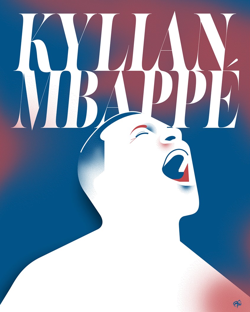 illustration of vintage, retro, branding, advertising, fame, famous, icon, abstract, geometric, portrait, people, lifestyle, 80s, editorial illustration, branding, advertising, publishing, book cover, marketing, head shot, profile, newspaper, character design, pop art, poster, politics, creative, face, man, glasses, fashion illustration, fashion, football, sports, Kylian Mbappe,